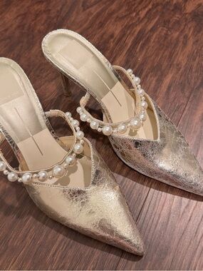 Dolce Vita Gold Pearl-Trim Pointed Toe Mules
